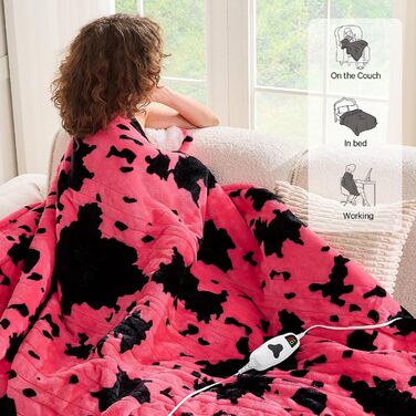 Електрична грілка з принтом корів, подвійний розмір 157x213 см, фіолетовий колір, 10 режимів нагріву, автоматичне вимкнення через 8 годин, флісова/шерпа, для жінок, подарунок