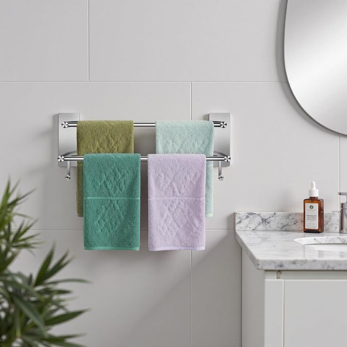 Тримач для рушників без свердління, 60 см, самоклеючий, з гачками, нержавіюча сталь, вологостійкий, для ванної кімнати та кухні, срібляний