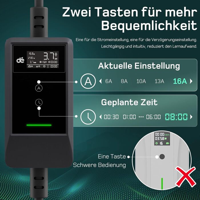 Кабель для зарядки електромобіля Type 2 Schuko 3,7kW, 7м, 6-16A, 1-фазний, з LCD дисплеєм, чорний