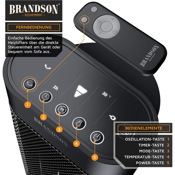 Керамічний обігрівач Brandson з дистанційним керуванням, 2000 Вт, для ванної кімнати, тихий, з осциляцією, 2 режими нагріву, економний режим, підвищена безпека, чорний