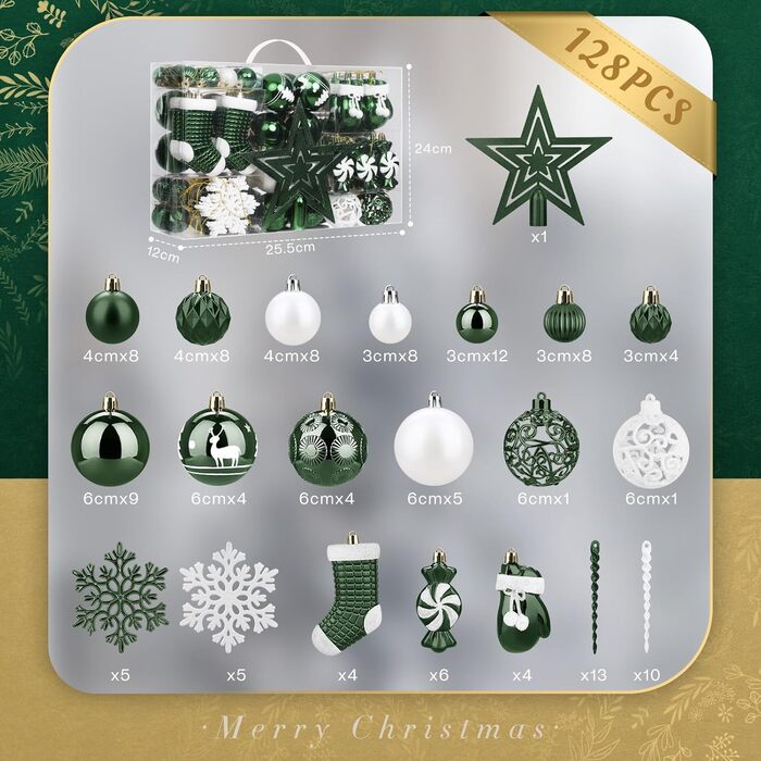 Набір ялинкових прикрас SOLEDI® 128 шт. Преміум якість, пластикові кулі білого кольору з зіркою, міцні та безпечні, набір прикрас з гачками, кольорові ялинкові кулі, багаторазовий декор на Різдво (зелений)