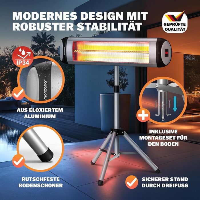 Інфрачервовий обігрівач MONZANA® MZH2501 з таймером, 2500W, 3 режими, 24 год, пульт ДУ, кут нахилу 90°, електричний, для тераси (сріблястий, з телескопічним штативом)