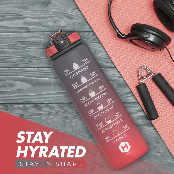 1L Drinking Bottle - BPA-Free Drinking Bottle with Straw and Time Markings - Water Bottle for Bicycle, Outdoor, School, Running, and Gym - Carbonated Drink Bottle Suitable (gray and red)