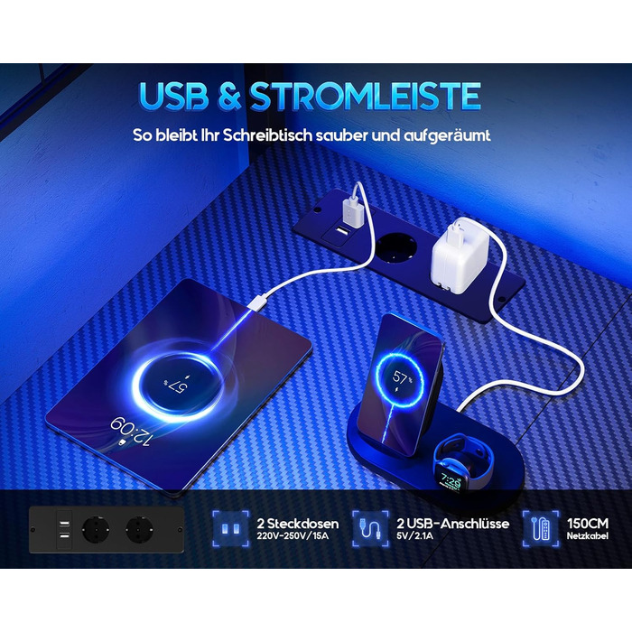 Ігровий стіл Coleshome з LED-підсвічуванням, 130 x 100 см. Реверсивний стіл з шухлядами та розетками, кутовий стіл з полицею та місцем для зберігання. Колір: вуглецеве волокно, чорний