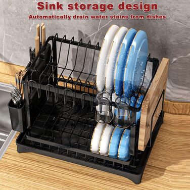 Сушарка для посуду Moufier з 2 ярусами, з піддоном та тримачем для кухонного приладдя, нержавіюча сталь