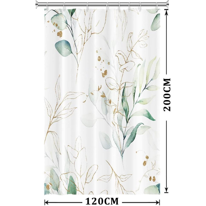 Штора для душу 120x200 см з евкаліптом, антигрибкова, акварель, водонепроникна, поліестер, з гачками для ванної кімнати