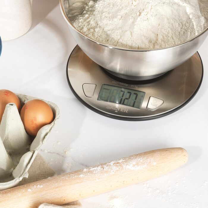 Кухонні ваги Salter з мискою - ваги для вимірювання рідини, 5 кг, 2 л, нержавіюча сталь, LCD-дисплей, для випічки та приготування їжі