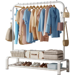 Clothes Rack, Coat Rack Stable Clothes Rod with 6 Hooks and 2 Shoe Shelf Storage Shelf, Bedroom Clothes Rack Freestanding Clothes Rail, (White)