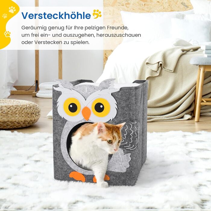Кігтеточка-будиночок для котів Dripex з 2 поверхів, філц, з подушкою, 30 x 35 x 35 см (Сова)