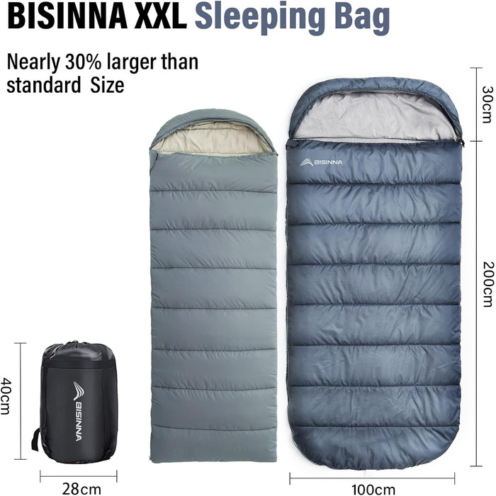 Сплячий мішок BISINNA XXL для великих дорослих, 3-4 сезони, зимовий, для кемпінгу, теплий, широкий, сірий, 2.5 кг, блискавка справа