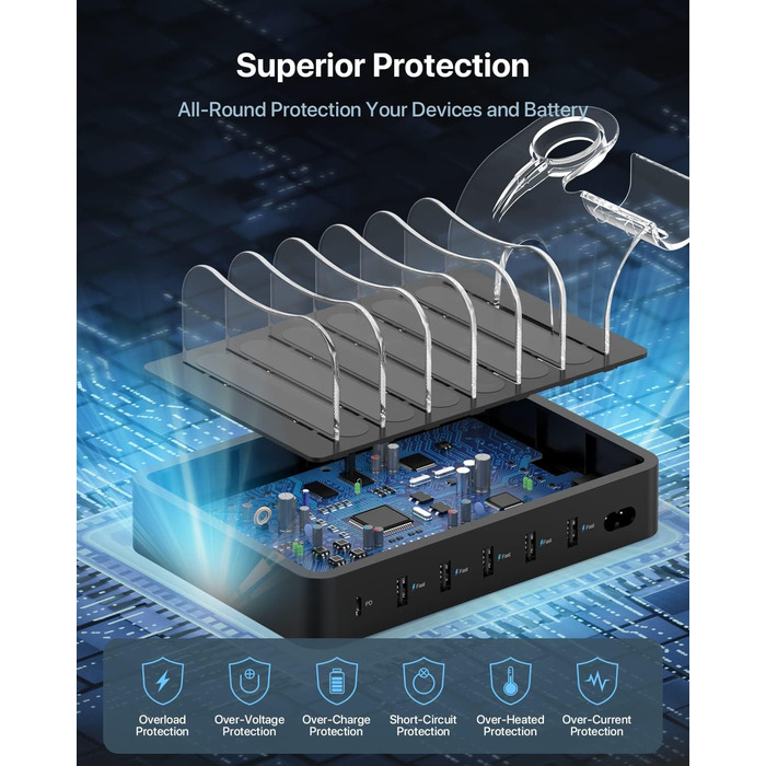 Зарядний хаб SooPii USB 60W/12A з 6 портами, органайзер для декількох пристроїв, з тримачем для Apple Watch, 6 кабелів у комплекті (Чорний)