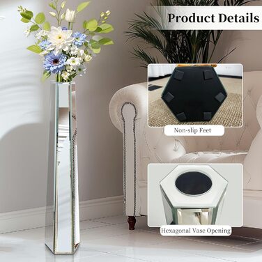 Ваза для квітів на підставці 68 см, срібна з кристалами, для пампасних трав, скляна з дзеркальними діамантами, декоративна, люкс, блискуча ваза для вітальні, декор інтер'єру. Без утримання води (18Ш x 77В см)