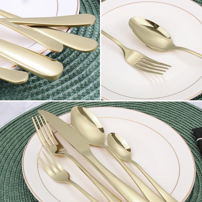 Cutlery Set for 6 People, 30-Piece Champagne Gold Cutlery Set, Shiny Knife, Fork, Spoon Set, High-Gloss Polished Cutlery Sets, Stainless Steel Table Cutlery for Kitchen/Dining/Party