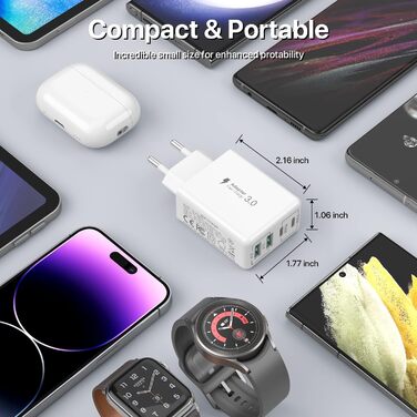 Блок зарядного пристрою USB C на 40W з 4 портами, швидка зарядка PD+QC, для iPhone, Samsung, Tablet, білий (3 шт.)