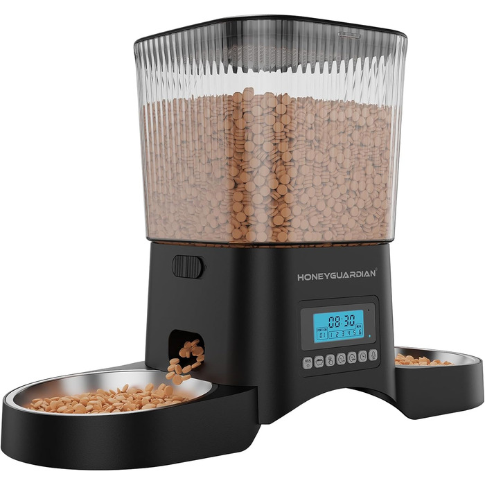 Автоматичний годівник для котів та собак HoneyGuardian з 2 мисками, таймером та великим об'ємом 3.5L, чорний