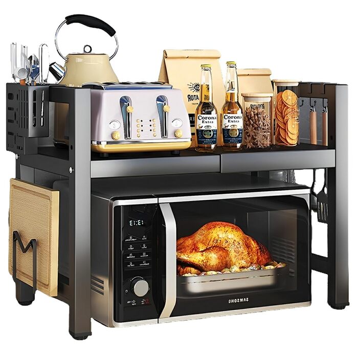 Підставка для мікрохвильової печі Yolispa, розширювана, 2 яруси, з органайзером, 6 гачків, 40-64 см