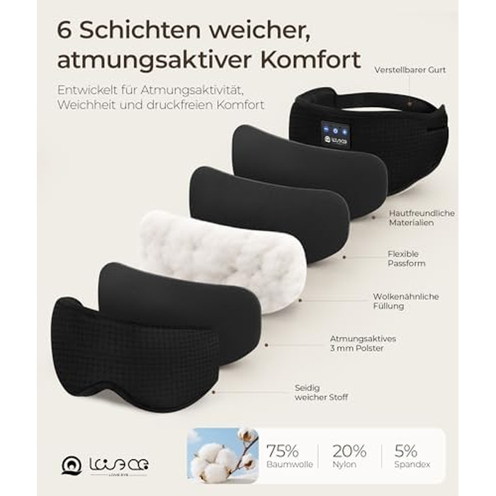 Маска для сну з Bluetooth навушниками LOVE EYE 3D для зручного сну на боці, бамбукова, чорна