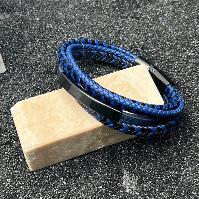 Чоловічий шкіряний браслет Lederarmband з нержавіючої сталі: плетіння, магнітний замок, гравіювання (синій, коричневий, чорний) 21 см