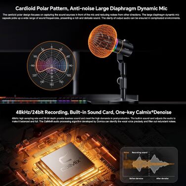 Мікрофон Comica D10 EIN з підсвічуванням RGB, XLR/USB, для стрімінгу, TikTok, подкастів та запису голосу. Сумісний з PC, Smartphone, Computer, Mac, PS4/5.