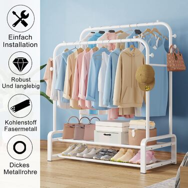 Freestanding clothes rack with double rod design, clothes hangers, 8 hooks, and 2 shoe shelves - Multifunctional wardrobe stand in white for the bedroom