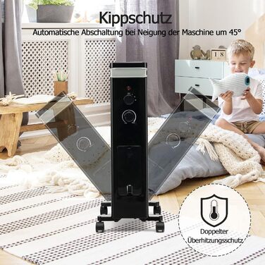 Масляний радіатор COSTWAY 1500W з 7 ребрами, 5-35°C, 3 режими нагріву, термостат, вологозбірник, на колесах (Чорний)