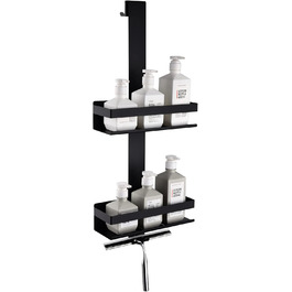 HomeHeng Hanging Shower Shelf, 2-Tier Hanging Shower Caddy Matte Black, SUS304 Stainless Steel Double Shower Basket with Hooks for Glass Shower Enclosure, H30MB-2DH