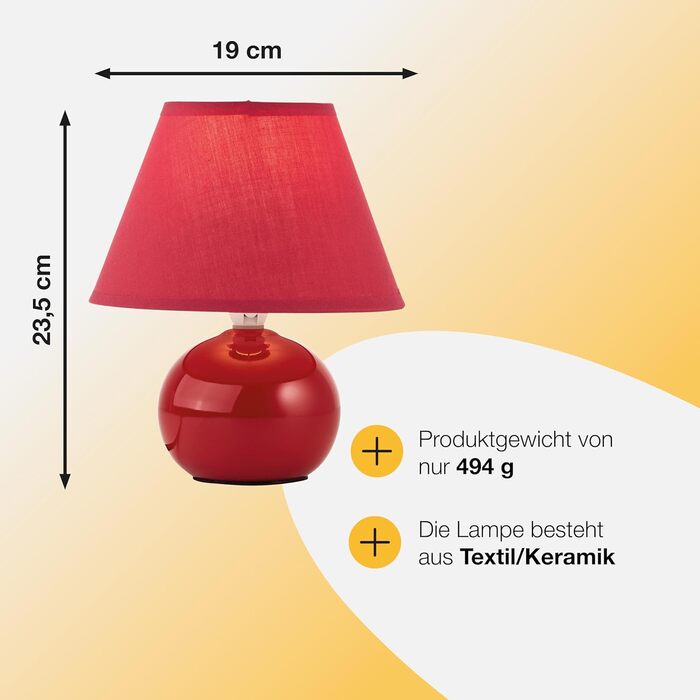 BRILLIANT Primo: стильна настільна лампа з тканинним абажуром – невелика лампа для нічного столика, спальні та вітальні – цоколь E14, вимикач – помаранчевий (червоний)