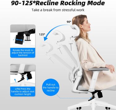 Ергономічне крісло Daccormax для офісу з регульованою підголівником, підлокітниками та підтримкою попереку. Офісне крісло, поворотне, з функцією гойдання, mesh-сидіння, для спини, до 150 кг (сірий)