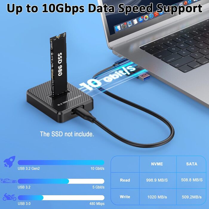 Зовнішній корпус-док-станція M.2 NVMe та SATA на USB-C, адаптер для SSD з підтримкою Dual-Protocol, швидкість 10 Гбіт/с, сумісність з M Key, B+M Key (2280, 2260, 2242, 2230)