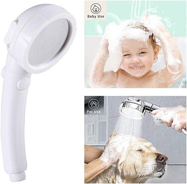 KAIYING Drill-Free High-Pressure Handheld Shower with ON/OFF Pause Switch, 3 Spray Modes, Water-Saving Shower Head, Detachable Puppy Shower Accessory (M: Shower Head + Holder + Hose) (White)