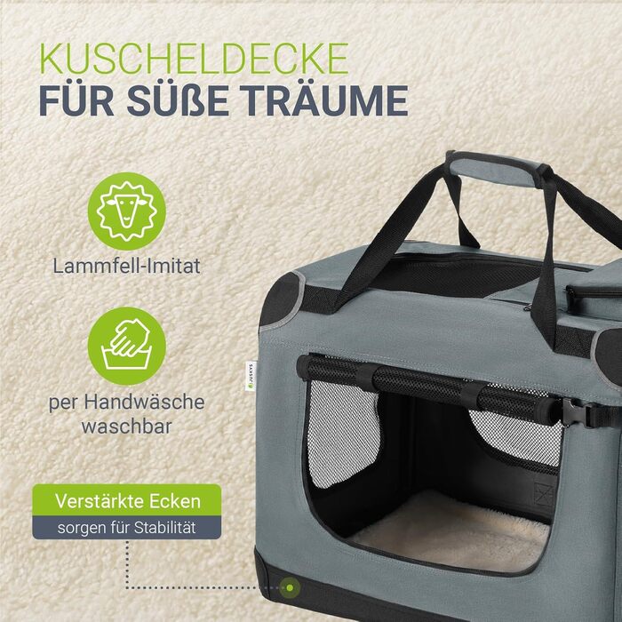 Juskys Collapsible Dog Carrier Box with Blanket, Bag & Handles - Portable Dog Travel Box for Dogs, Cats & Pets - Oxford Fabric Dog Crate, Car Pet Carrier - Grey (70x50x52 cm)