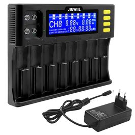 Зарядний пристрій JIUWIIL для акумуляторів 18650, Li-Ion/LiFePO4 (8+2 слоти) з LCD-дисплеєм – швидка зарядка 26650, 17500, 16340, 14500, 10440, 9V
