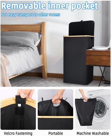 Laundry Basket with Lid 100L, Laundry Box with Bamboo Handles and Inner Pocket, Bamboo Laundry Collector, Large Capacity, Laundry Baskets, Foldable Laundry Baskets for Laundry Room, Bedroom, Bathroom (black)