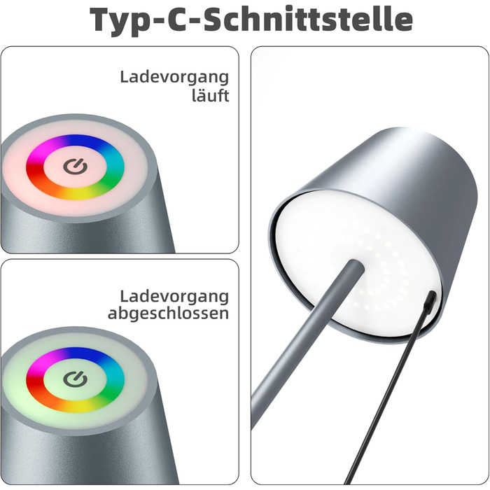 LED настільна лампа Qsky бездротова диммируемая з акумулятором, тепле світло 3000K+RGB, водонепроникна (IP54) з алюмінію, для дому та на вулицю (2 шт. срібляста + 2 шт. сіра)
