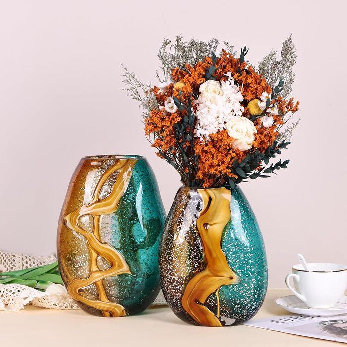 PlivBloom Blue-Green Glass Heads - Hand Blown Murano Glass Flower Vase Decor for Bookshelf & Living Room
