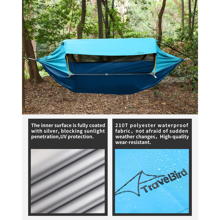 Гамак для кемпінгу 4-в-1 з москітною сіткою та знімним сонцезахистом, 290x140 см, для відпочинку на природі, пікніків, походів та подорожей, армійного кольору (106x55 см, блакитний)
