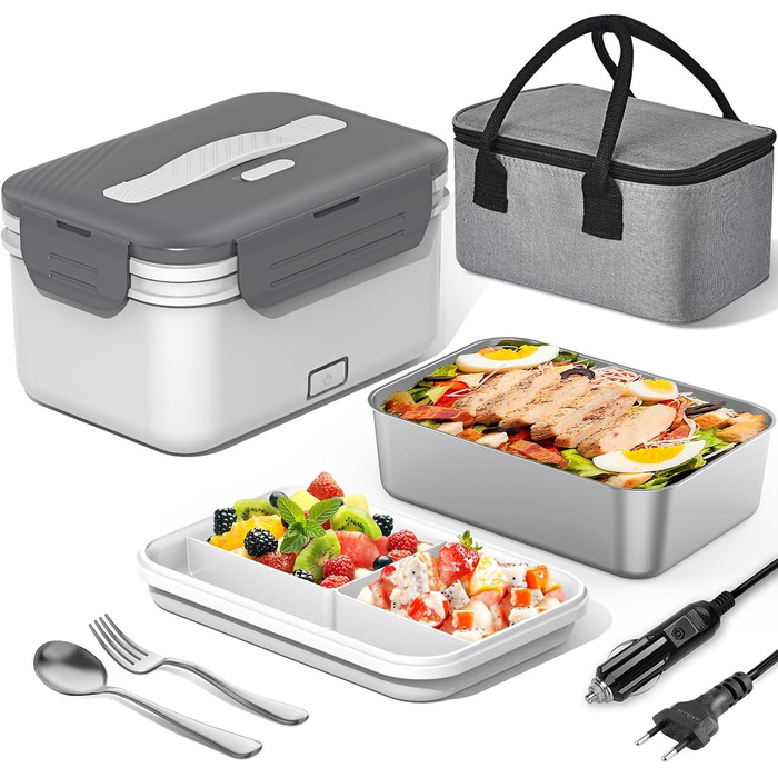 Herrfilk 100W Electric Lunch Box for Adults, 3-in-1 12/24/230V Thermos Lunch Box with Cutlery and Insulated Lunch Bag, Leak-Proof, 1.8 L Large Container, Food Container with Compartments for Car, Truck, Office