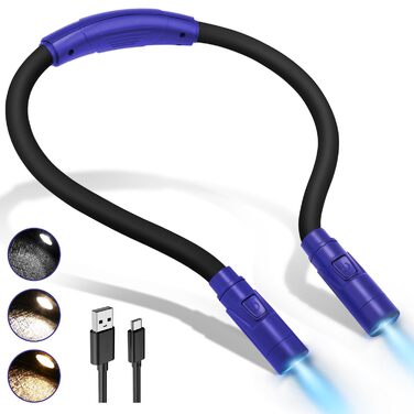 LED лампа на шию LUXJET для читання, в'язання, ремонту - акумуляторна, 3 кольори світла, регульована яскравість (темно-синій)