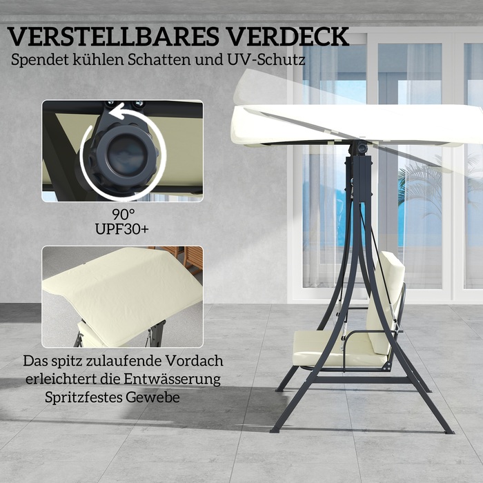 Outsunny Hollywood Swing with Adjustable Sun Canopy and Seat Cushion, Protective Cover, 2-Seater Garden Swing, Weight Capacity up to 220kg, UV 30+ Swing Bench for Garden, Patio, 150x120x182cm, Cream White | Aosom