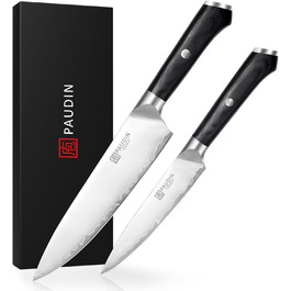 Набір кухонних ножів PAUDIN: кухонний ніж, сантоку, універсальний, овочевий - професійні, гострі, з нержавіючої сталі 10Cr15CoMoV (62 HRC), з ергономічною дерев'яною ручкою (2 ножі)
