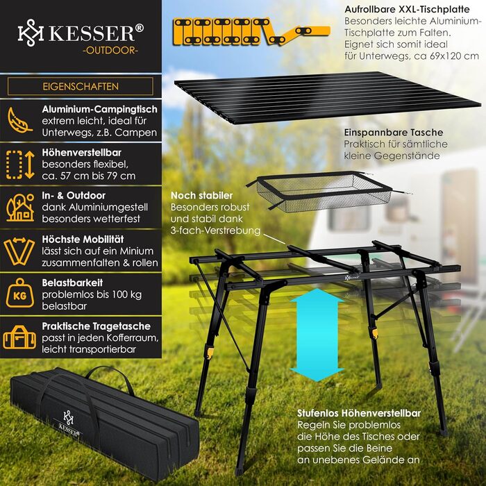 Стіл для кемпінгу KESSER® розкладний, з алюмінієвим каркасом, регулювання висоти, 120x70 см, до 100 кг, з сумкою та кишенькою, чорний
