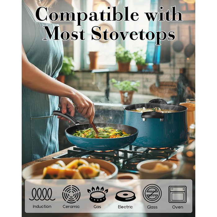 Набір сковорідок Cook N Home з антипригарним покриттям, 3 шт, 20.3/24.9/27.9 см, для індукційних плит, мраморно-червоні, універсальні, преміум-якість