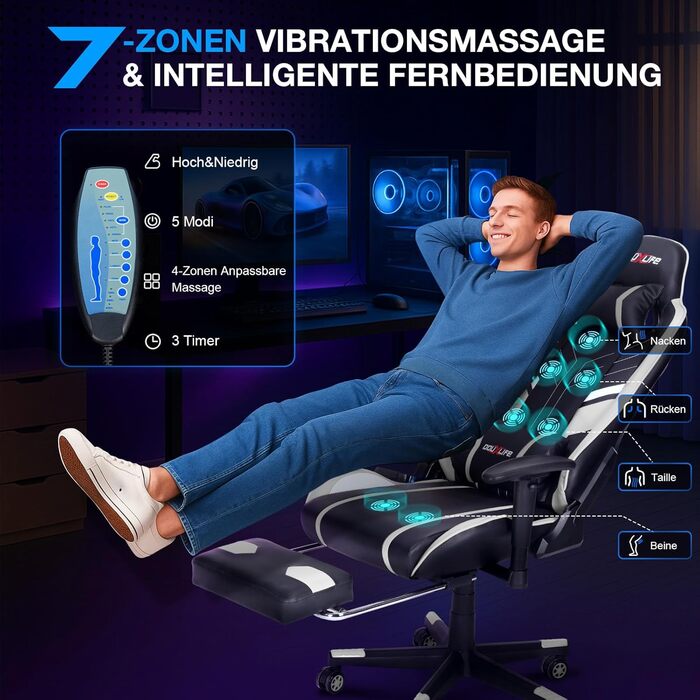 Ігровий крісло Douxlife з 7-точковим масажем, підніжкою, ергономічний офісний крісло, регулювання спинки 90-175°, регульовані 2D підлокітники, крісло для ПК Gamer, максимальне навантаження 150-180 кг, (Чорний/Білий)