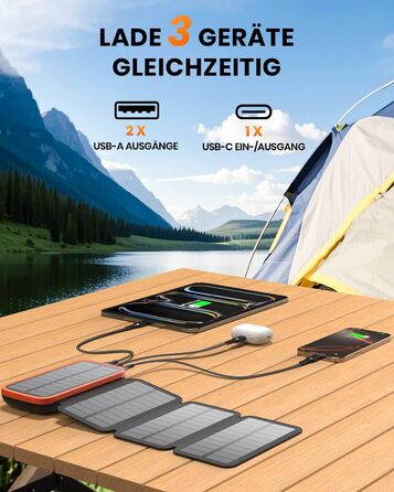 FEELLE Power Bank 27000mAh з сонячною панеллю, USB C PD QC 3.0, 3 USB виходи, ліхтарик, для смартфонів та планшетів