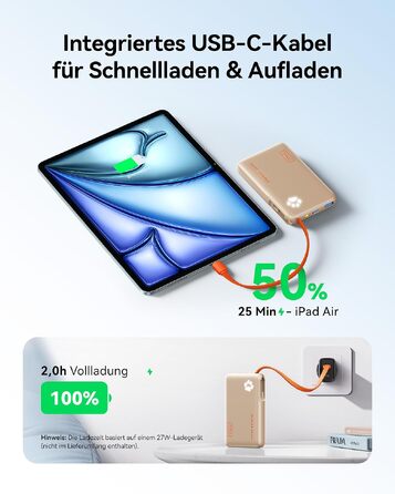 Повербанк INIU 10000mAh 45W з вбудованим кабелем USB-C, швидка зарядка для iPhone 17 16 Pro, Samsung S26 S25, Xiaomi, iPad (Зелений)