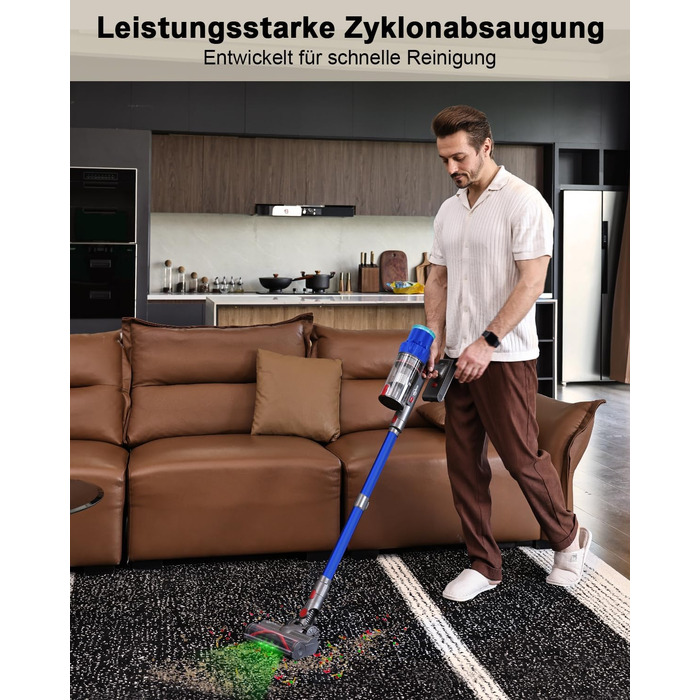 PINICO Бездротовий акумуляторний пилосос 550W з автоматичним режимом та щіткою Anti-Tangle, для твердих підлог, килимів та шерсті тварин (Blue+grey)