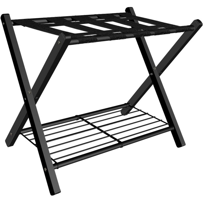 mocomax 1 Pack Folding Luggage Rack for Guest Rooms, Folding Suitcase Stand with Metal Shelf for Bedrooms, Living Rooms, Hotel Essentials, Robust Steel Frame, Black
