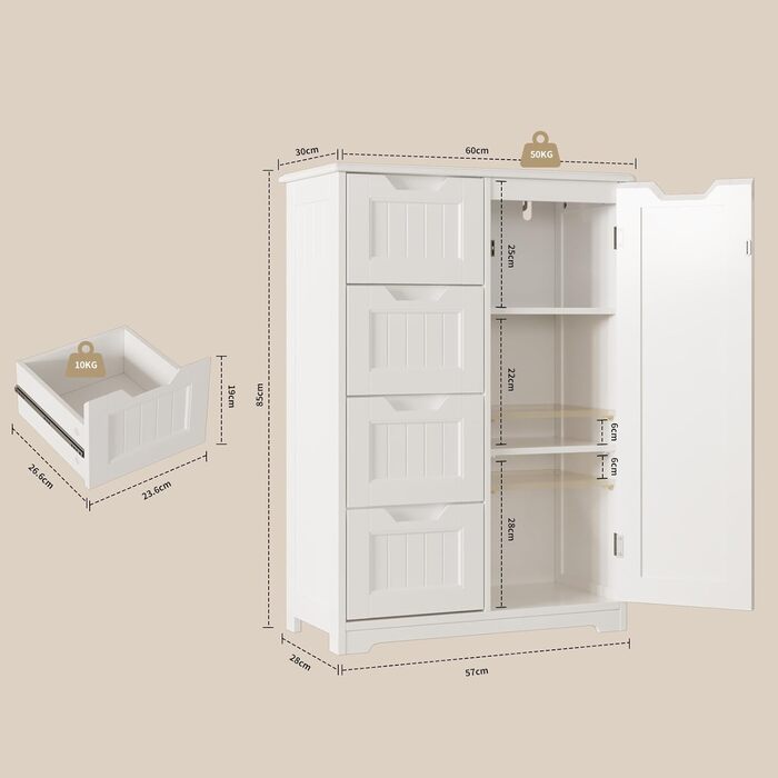 Bealife Bathroom Cabinet, Narrow Vanity Storage Cabinet with 4 Drawers, Cupboard Door, Adjustable Partition, Suitable for Bathroom, Living Room, Kitchen, Hallway