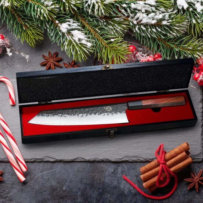 Японський ніж MITSUMOTO SAKARI Santoku 19 см з ручкою з рожевого дерева та Kiritsuke 23 см, ручне кованість, високоякісна сталь