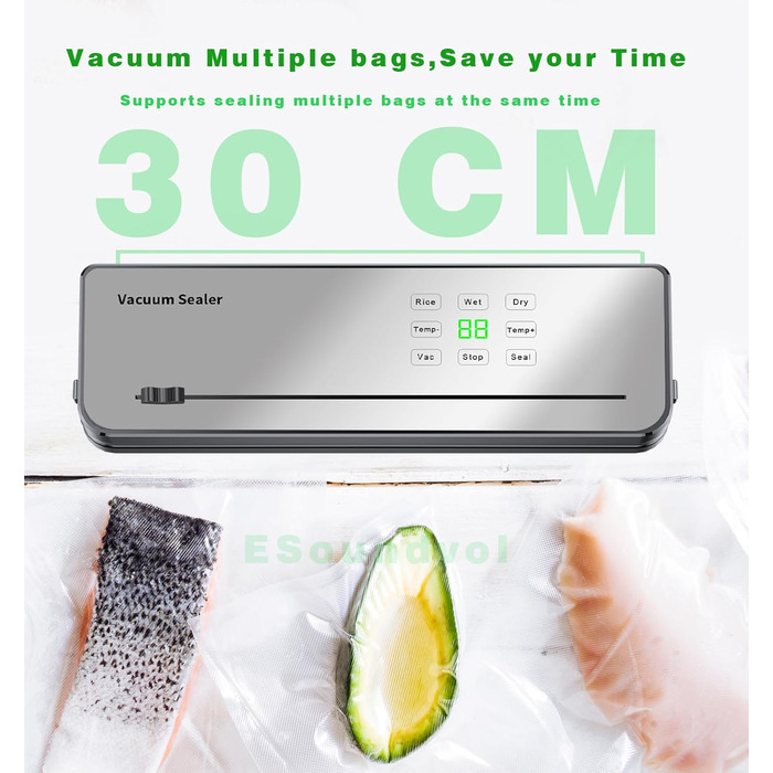 Вакуумний пакувальник ESoundvol 8-в-1 з контролем температури, вбудованим різаком та LED-дисплеєм для зберігання продуктів, 10 пакетів